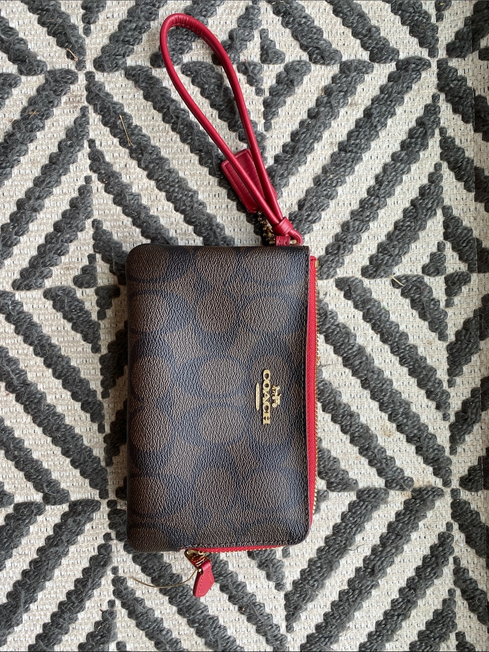 Coach Brown Signature Wristlet with Red Trim
